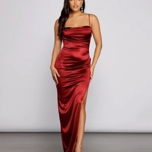 Formal High Slit Satin Dress/ Burgundy
